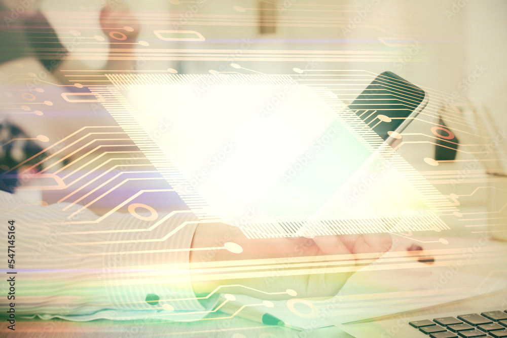 Poster Double exposure of man's hand holding and using a digital device and data theme hologram drawing. Technology concept.