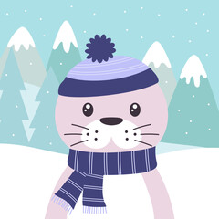 Fototapeta na wymiar cartoon winter card of seal on snow background