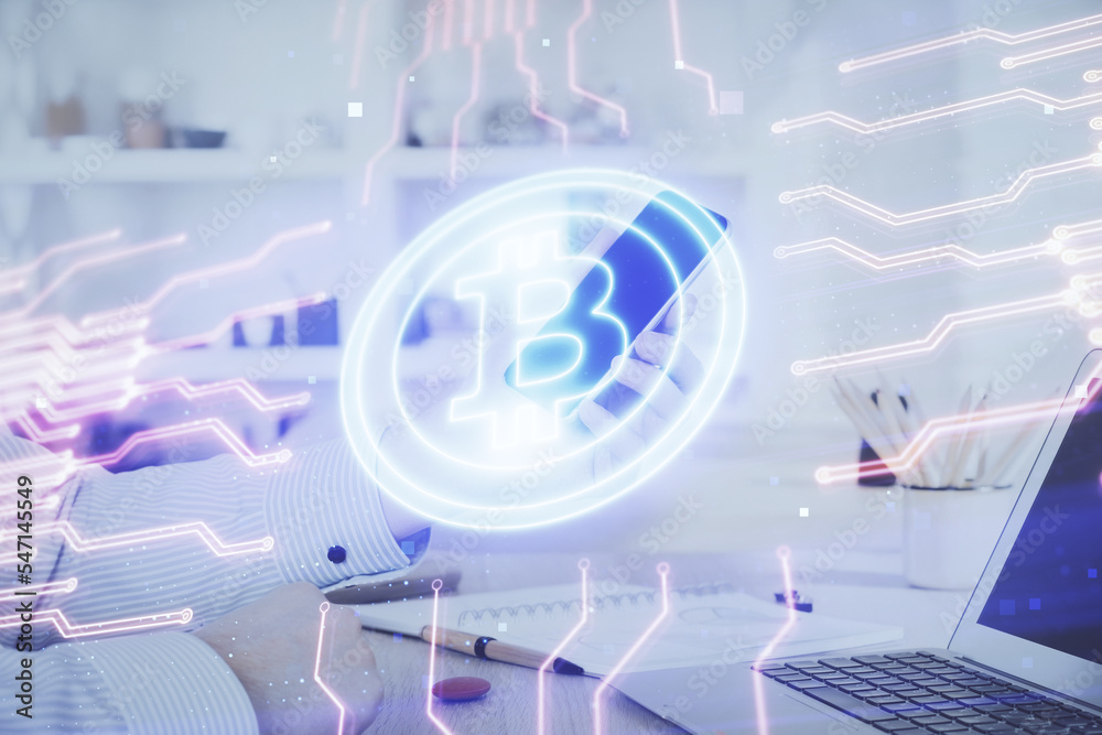 Poster double exposure of man's hands holding and using a phone and crypto currency blockchain theme drawin
