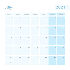 2023 July wall planner in blue pastel color, week starts on Monday.