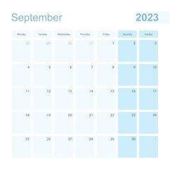 2023 September wall planner in blue pastel color, week starts on Monday.