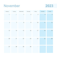 2023 November wall planner in blue pastel color, week starts on Monday.