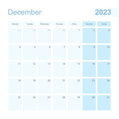 2023 December wall planner in blue pastel color, week starts on Monday.