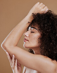 Skincare, beauty and natural hair of a woman in studio feeling calm and peace for self love mockup...