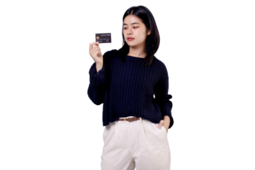Portrait of a Young modern Asian woman showing credit card isolated on transparent background. PNG file format.