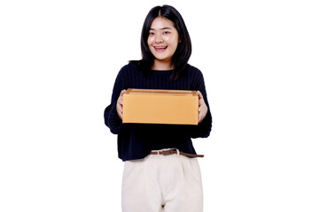 Happy Asian woman holding package parcel box isolated on transparent background. PNG file format.