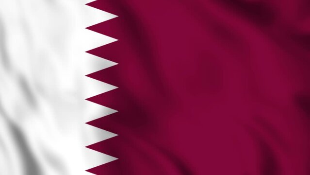 Flag and coat of arms of Qatar. Motion Loop video blowing in the wind. Background of the flag and gerd of Qatar in Doha. Looping flag and coat of arms of Qatar close-up 4K, HD footage. Qatar middle ea
