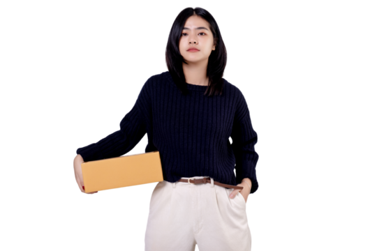 Happy Asian woman holding package parcel box isolated on transparent background. PNG file format.