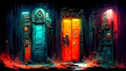 Fantastic multicolored doors with multiple details in mystic style, illustration