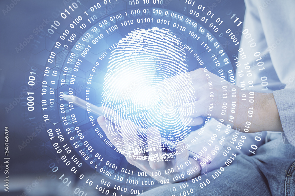 Poster Double exposure of man's hands holding and using a digital device and fingerprint hologram drawing. Security concept.
