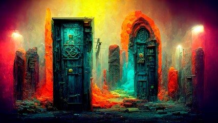 Fantastic multicolored doors with multiple details, illustration
