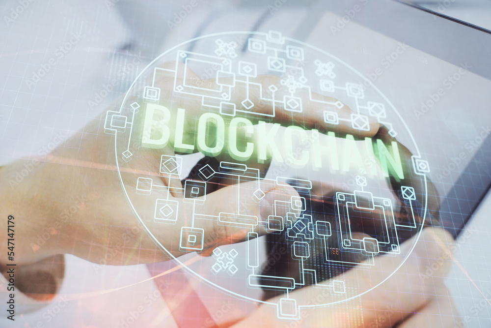 Poster Double exposure of man's hands holding and using a phone and crypto currency blockchain theme drawing.