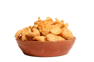 Bowl of Fried Pork Skins Isolated on White Background