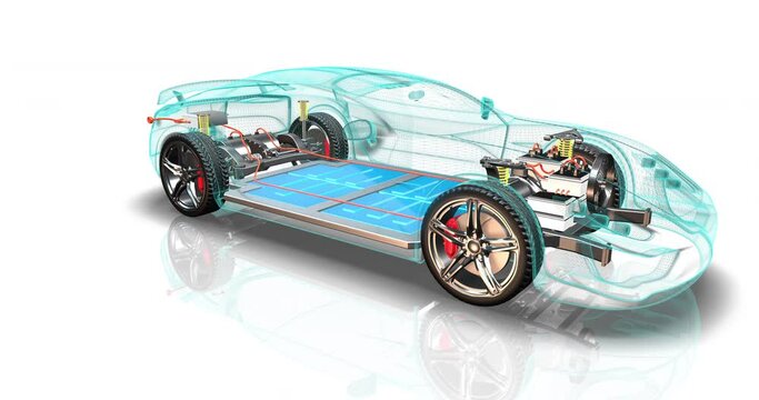 Environmental friendly sport vehicle with wireframe body moving forward. Battery pack cover is opening. Sustainable energy. 3d animation.