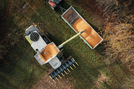 Aerial View Of A Harvester Unloading The Corn Into The Trailer, Effective Harvest