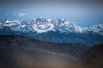 Telephoto shot of Mount Presolana during blue hour, Northern Italy