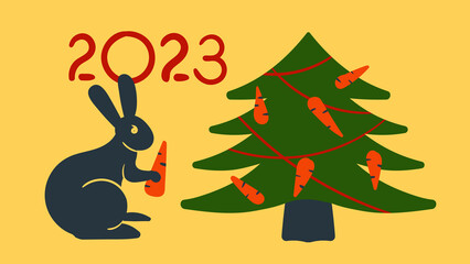 Black Rabbit with Carrots, Chinese New Year 2023, Christmas tree postcard, vector UI banner, yellow background