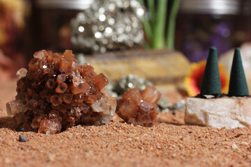 Chakra Stones With Aloe Vera and Incense Cones on Australian Red Sand