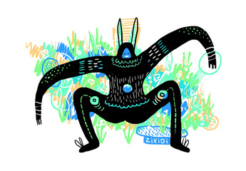 Cartoon character. Doodle art. Artistic doodling. Hand drawn. Black character design. Digital illustration. Comic style. Pop, fun and colorful human. Tribal influence. Naive drawing. Youth. Rabbit.