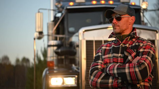 Professional Caucasian Semi Truck Driver and His Semi Truck in the Background