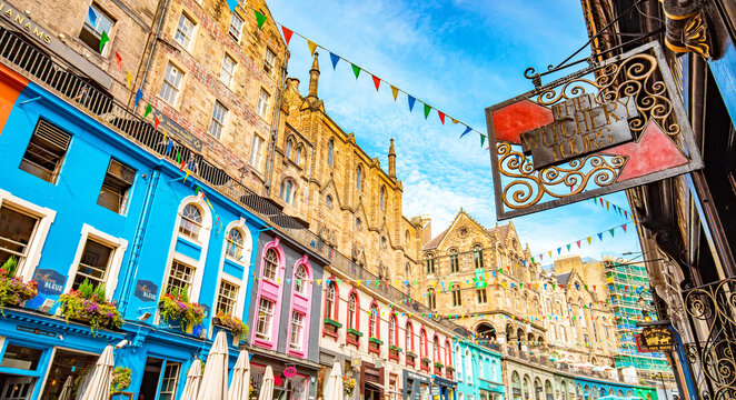 Edinburgh, Scotland - 2 September, 2022: Famous scenic Victoria street in Edinburgh old town.