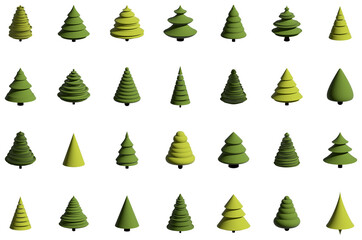 Set Christmas tree holiday decoration. 3D rendering abstract fir for new year celebration.