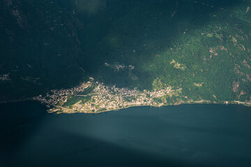 Aerial view of a small town of Lake Como during sunset, Northern Italy
