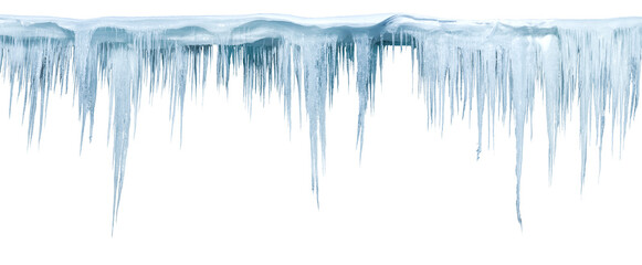 Icicles, isolated from the background, isolated object. Panoramic photo. - obrazy, fototapety, plakaty