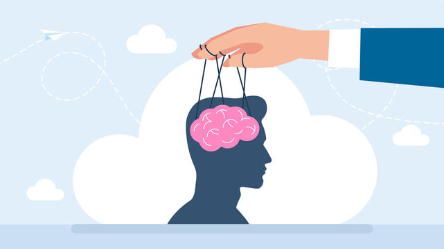 Puppet master controlling man's mind. Puppeteer. Mental health, illness, brain development, medical treatment concept, hand holding puppet strings with a thread of brain. Flat illustration