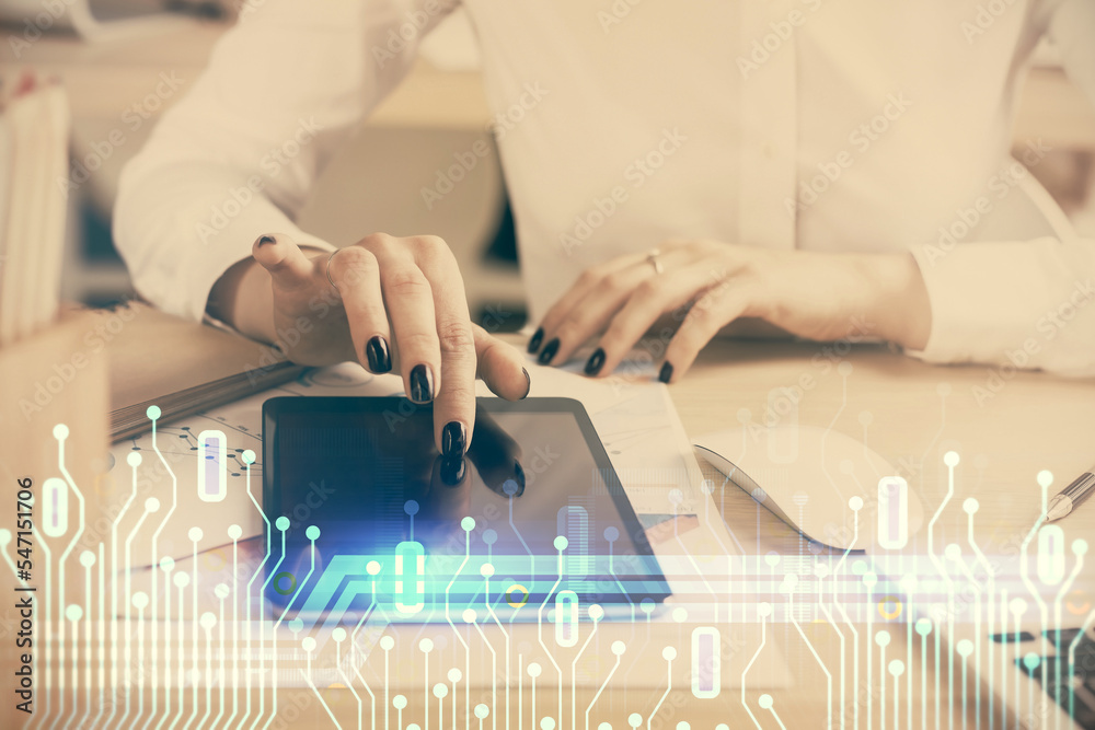 Poster double exposure of technology sketch hologram and woman holding and using a mobile device. ai concep