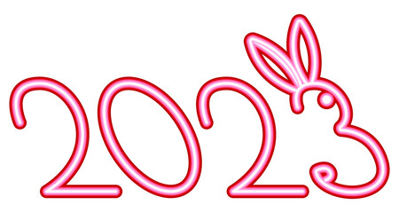 2023 with bunny line art. New years illustration with rabbit. Year of rabbit illustration. PNG with transparent background	