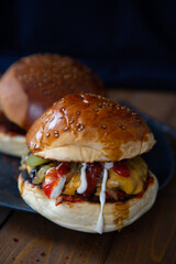 Cheeseburger with fried onions and mushrooms