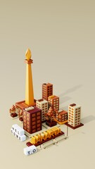 3d Monas as landmark with green space area and Jakarta city view in yellow and brown color