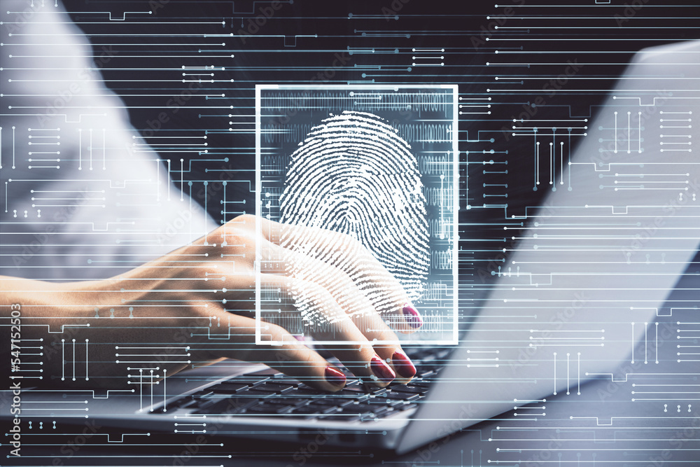 Poster double exposure of woman hands typing on computer and fingerprint drawing. security concept.