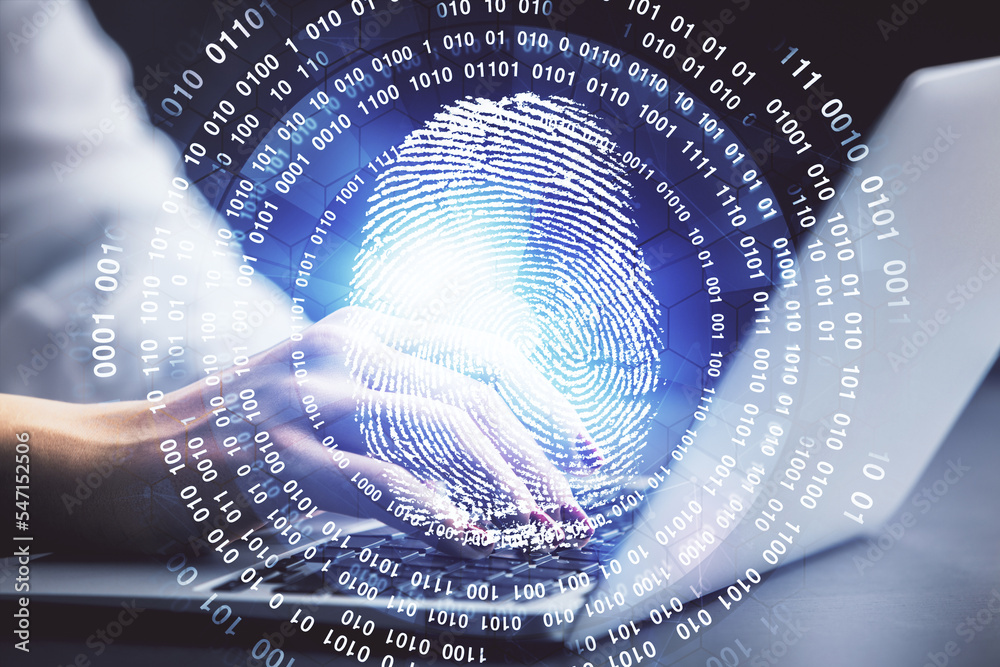 Poster double exposure of woman hands typing on computer and fingerprint drawing. security concept.