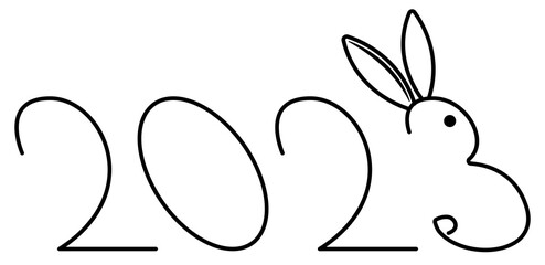 2023 with bunny line art. New years illustration with rabbit. Year of rabbit illustration. PNG with transparent background.