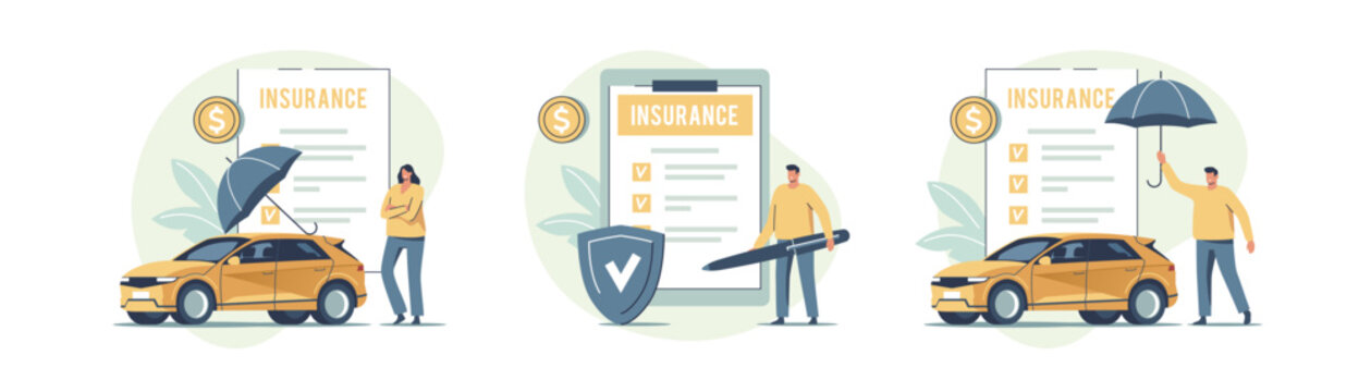 Auto Insurance. Concept Of Car Safety, Assistance And Protection. People Buying Or Renting Car And Signing Insurance Policy. Vector Illustration.