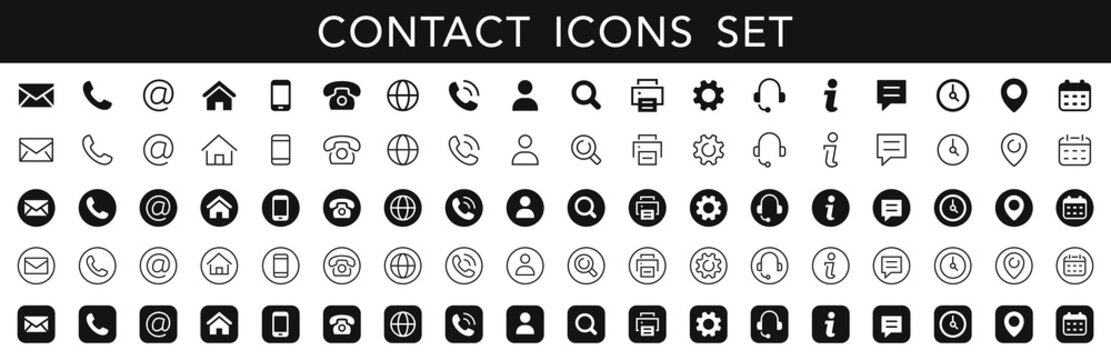 Contact icon set. Thin line and flat Contact icons set. Contact symbols - Phone, mail, smartphone, fax, info, support... vector