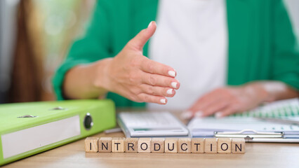 Female business woman sitting at office desk with financial documents and word introduction.