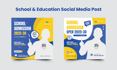 School admission social media post design template or back to school social media blue and yellow color combination set square web banner design 