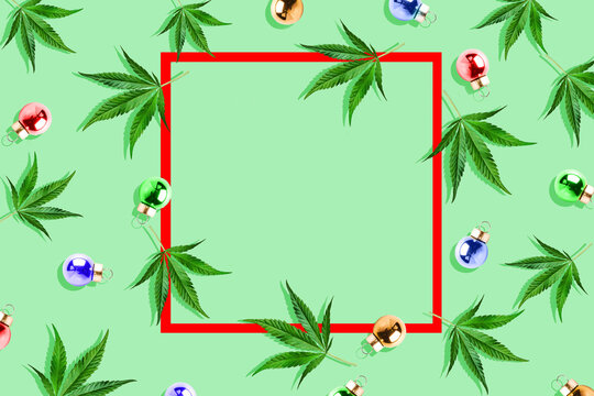 Pattern with marijuana leaves and Christmas decor, festive background with frame