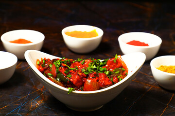 Assorted indian food on black background Indian cuisine Top view 