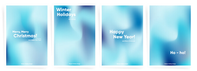 Set of vector minimal backgrounds with blue blurry frost gradient. Mesh pattern for Merry Christmas and Happy New Year placards and postcards.