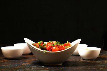 Assorted indian food on black background Indian cuisine Top view 