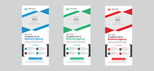 Business roll-up standee banner in blue and red color | Easy to edit | Print-ready format	
