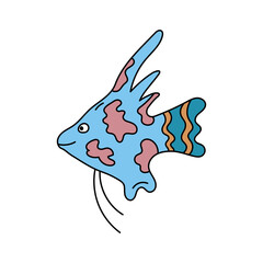 Cute doodle exotic fish. Funny colorful angelfish isolated. Vector illustration of cartoon outline sea scalaria. Wild marine life in hand drawn style