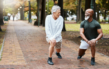 Fitness, friends and exercise with senior men stretching for a warm up at an outdoor park for...
