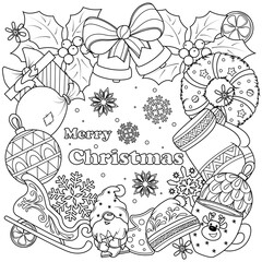 Coloring book Doodle on the theme of Christmas in the form of a frame. Funny elements of New Year holidays. Vector illustration