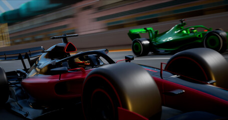 High-Speed Racing Cars Driving on Winding Night Race Track to the Finish Line. Racing go Karts Competition. Speed and Sport Concept. 3D Rendering © BY Movie