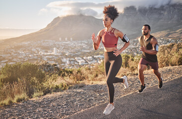 Fitness, exercise and running couple on mountain for cardio workout, training and energy, healthy lifestyle and strong body wellness. Sports, nature and runner man, woman and athletes action on hill - obrazy, fototapety, plakaty